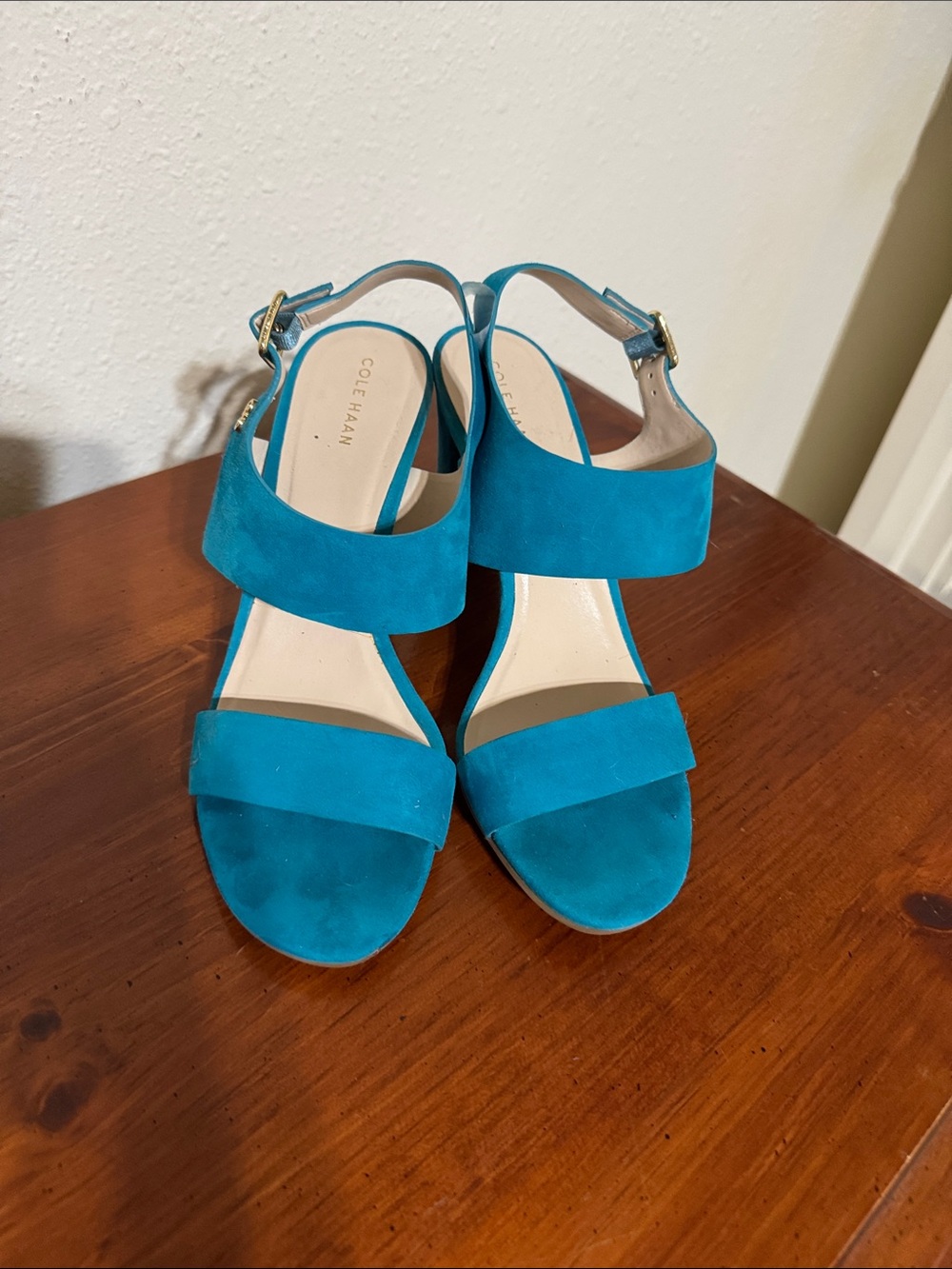 Cole Haan Turquoise Suede Slingback Block Heel Sandals